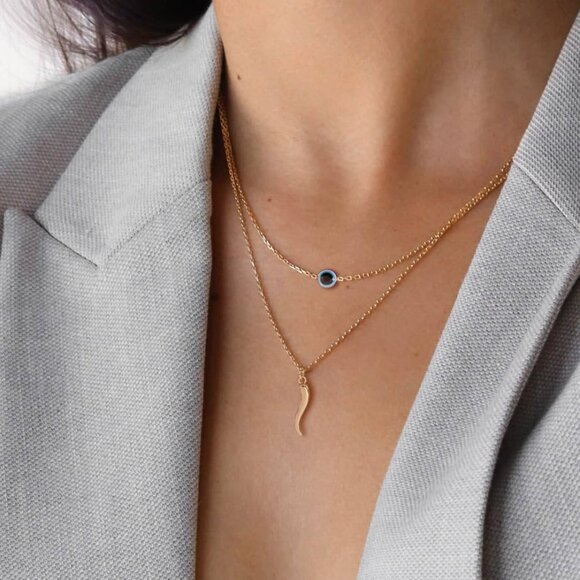 ⚡Gold Evil Eye Necklace with Horn Pendant Layered Protection Jewelry for Women - Picture 3 of 7